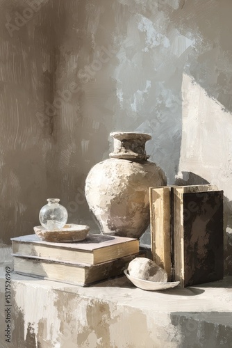Still Life Arrangement Featuring Pottery, Books, and Decorative Objects in Wa...