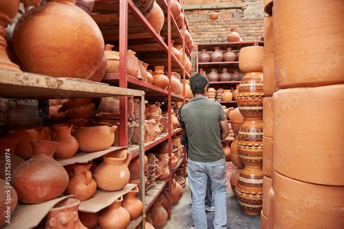 Unrecognizable man in a store filled with shelves of ceramic pots in Raquira, Boyaca, Colombia, a tourist town known for its craftsmanship and its pottery.