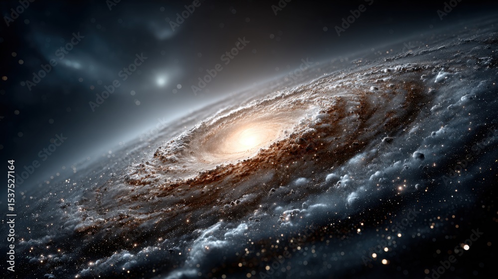 Fototapeta premium This breathtaking cosmic vista displays a spiral galaxy with swirling arms of stars and cosmic dust illuminated by a bright core, set against the dark backdrop of space.