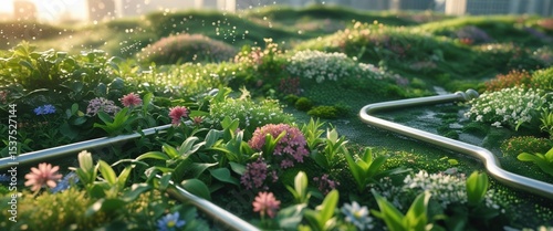 Lush green rooftop garden with blooming flowers and irrigation system in urban cityscape at sunrise