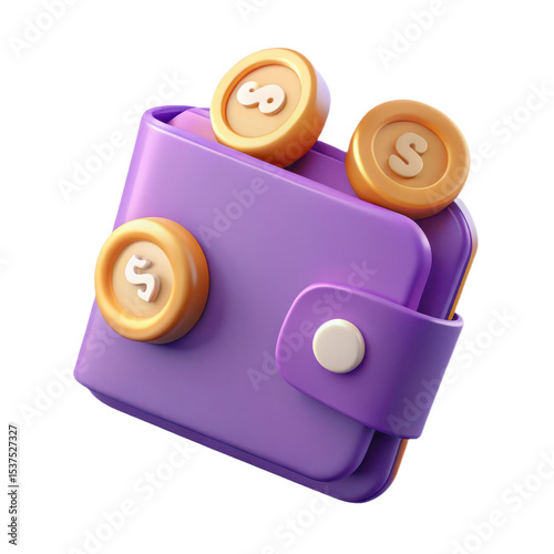 Purple wallet with coins isolated on transparent background