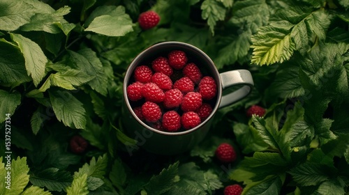 Bowl Filled With Fresh Raspberries Placed Among Lush Green Leaves.