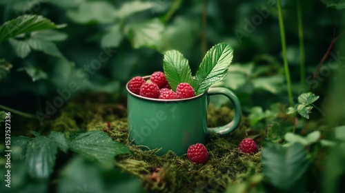 Freshly Picked Raspberries in a Mug Surrounded by Lush Green Foliage in a Gar...