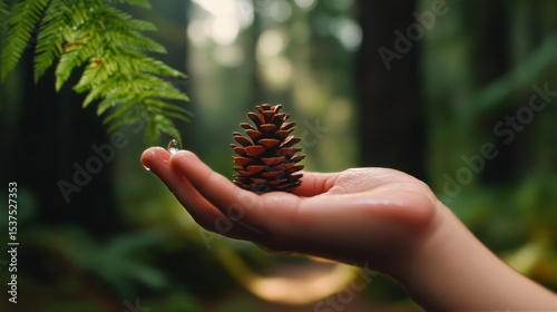 Hand Holds a Pine Cone Under Soft Forest Light Surrounded by Greenery and Fer...