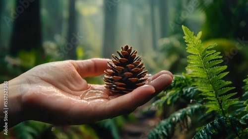 Hand Holds a Pine Cone Under Soft Forest Light Surrounded by Greenery and Fer...