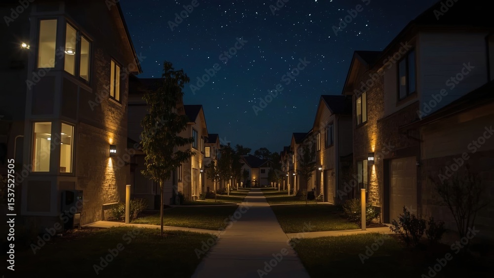 Fototapeta premium Quiet suburban neighborhood street at night with illuminated houses and a starry sky above