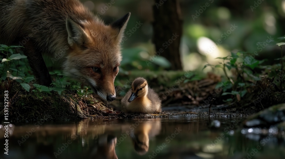 Obraz premium Fox and duckling interact by a tranquil stream in a lush forest setting during the glowing hours of sunset