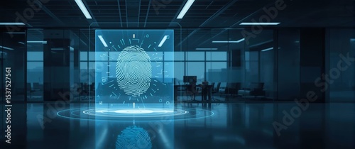 Futuristic digital fingerprint scanner hologram in a modern office environment at night