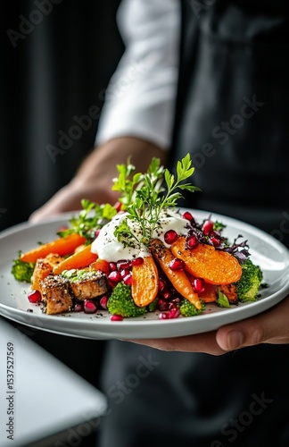 Gourmet Salad With Carrots, Pomegranate, and Herbs Served in Elegant Restaura...