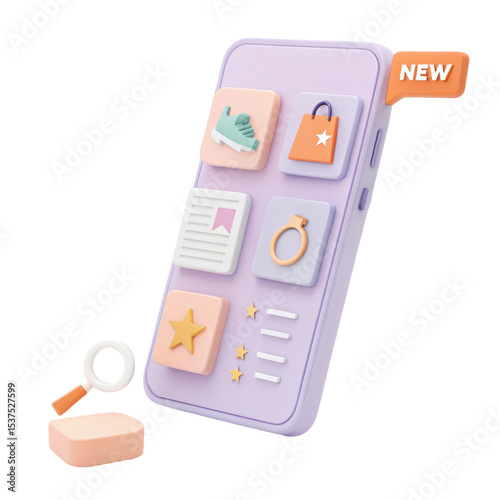 Smartphone with shopping app icons isolated on transparent background