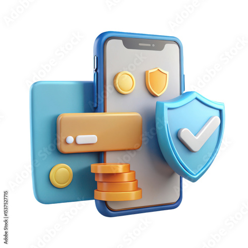 Mobile phone with credit card and shield isolated on transparent background