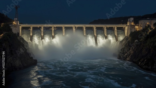 Hydroelectric dam releasing water at night with illuminated structure and surrounding landscape
