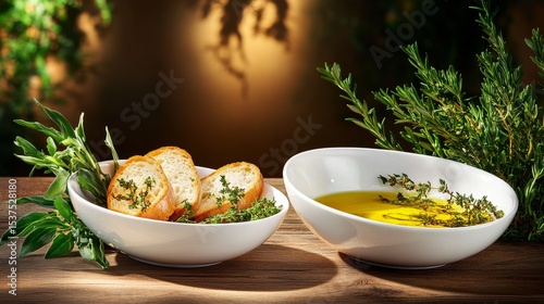 Fresh Herbs and Bread Served With Olive Oil Displayed on a Wooden Table in a ...