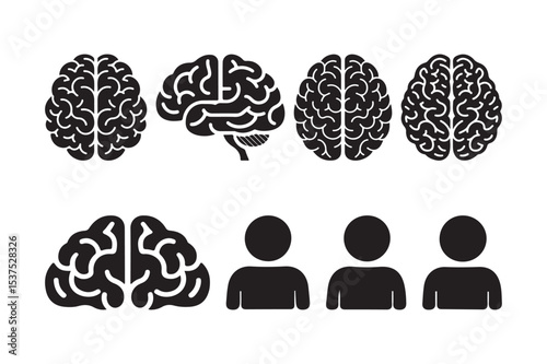 Brain and Human Silhouette Icon Set Black and White Vector Collection