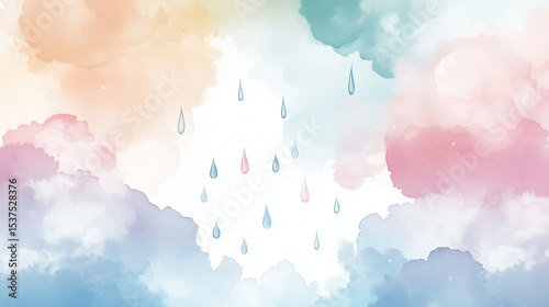 Soft branding background: pastel raindrops falling over watercolor clouds