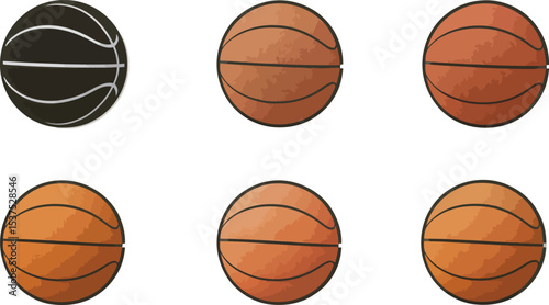 A vibrant collection of brown and black basketballs, isolated for sport and game play