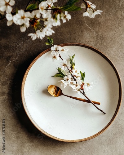 Elegant Arrangement of Cherry Blossoms and Golden Spoon on a Rustic Plate
