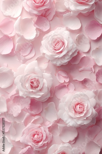 Delicate Arrangement of Pink Roses and Petals on a Soft Background for Celebr...