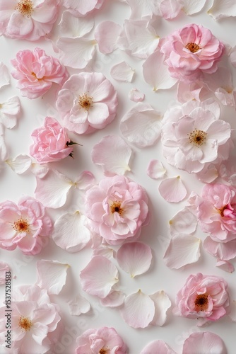 Beautiful Arrangement of Pink Flowers and Delicate Petals on a Light Background