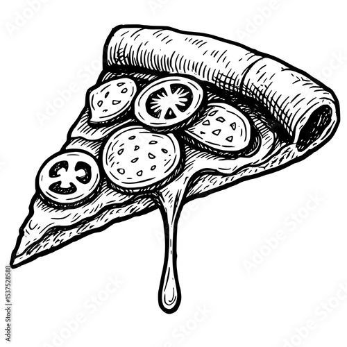 Hand-drawn black and white isolated pizza slice with dripping cheese