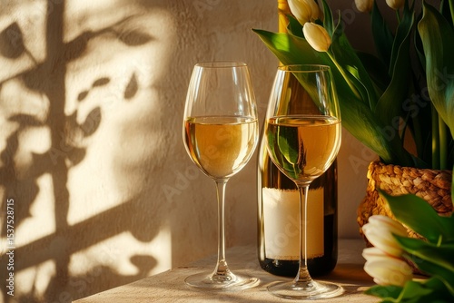 Crisp White Wine in Elegant Glasses Beside a Bouquet of Tulips in Warm Aftern...