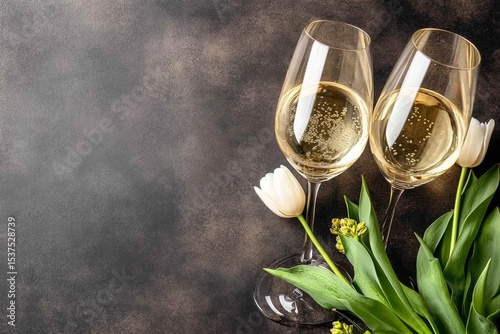 Celebrate With White Wine and Tulips on a Dark Table During a Special Occasion