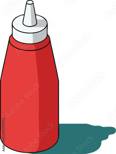 Red ketchup bottle with white cap casting shadow isometric vector illustration for food condiments and sauces packaging design 