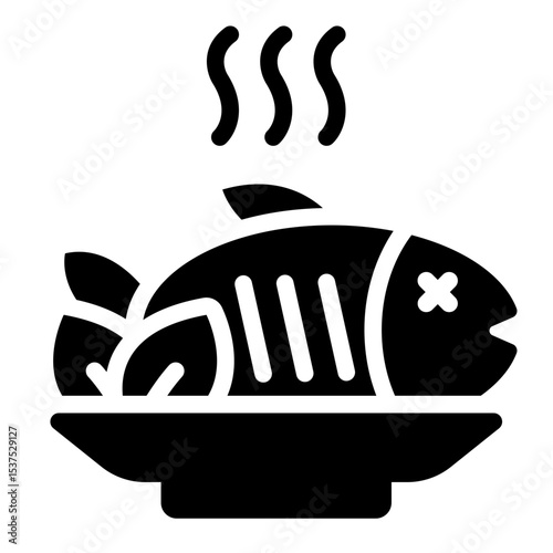smoke fish glyph icon served as cooked seafood meal