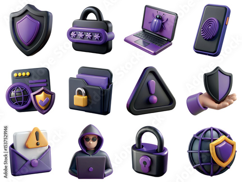 Cybersecurity and data protection 3d icons, digital privacy symbols, secure network elements, tech safety illustration