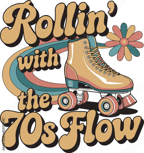 Rollin with the 70s Flow Retro Roller Skate Design Mustard Yellow Teal