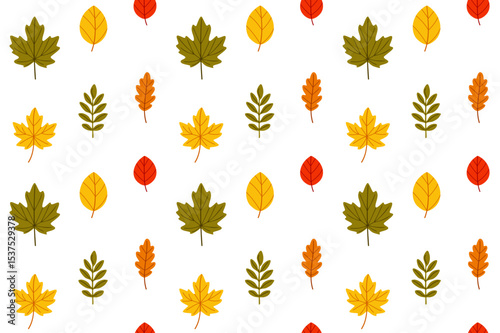 Seamless pattern with various autumn leaves scattered across the background in green, yellow, red, and orange. Great for seasonal packaging, prints, and decorative backgrounds