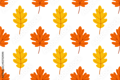 Autumn pattern with oak and maple leaves in yellow and orange. Ideal for seasonal packaging, textile, and nature backgrounds