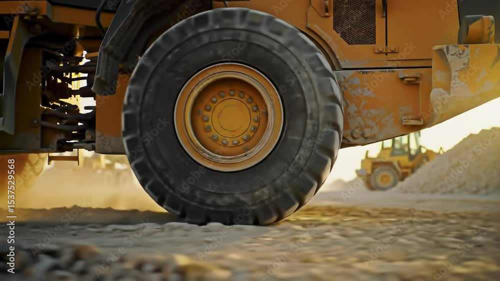 Heavy duty construction truck on dusty road with men in background. Earthmoving vehicle at desert site, footage. Heavy duty construction truck on dusty road with men in background. Earthmoving vehicle at desert site, footage.