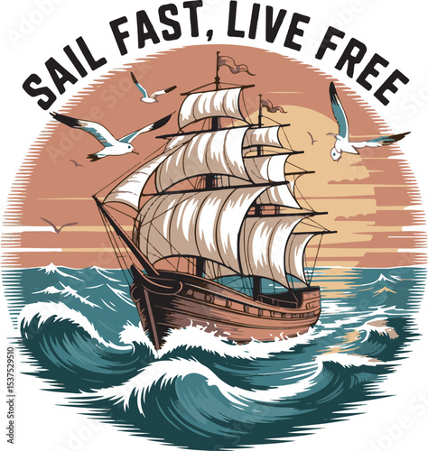 Sailboat Ocean Waves Sunset Seagulls Sail Fast Live Free