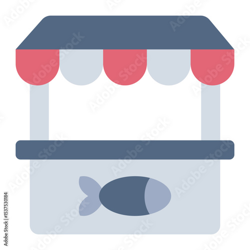 fish market flat icon with shop booth for seafood sale