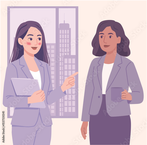 Two professional women in conversation near a city-view window. One holds a coffee mug, the other a tablet. Flat vector style, pastel tones, business setting.
