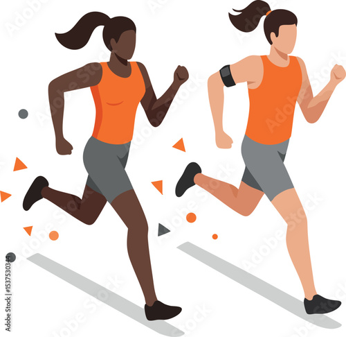Two women running in orange tops and gray shorts jogging exercise activity vector illustration 