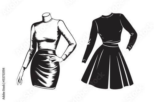 Women’s Dress Silhouette Vector Fashion Sketch of Stylish Outfits