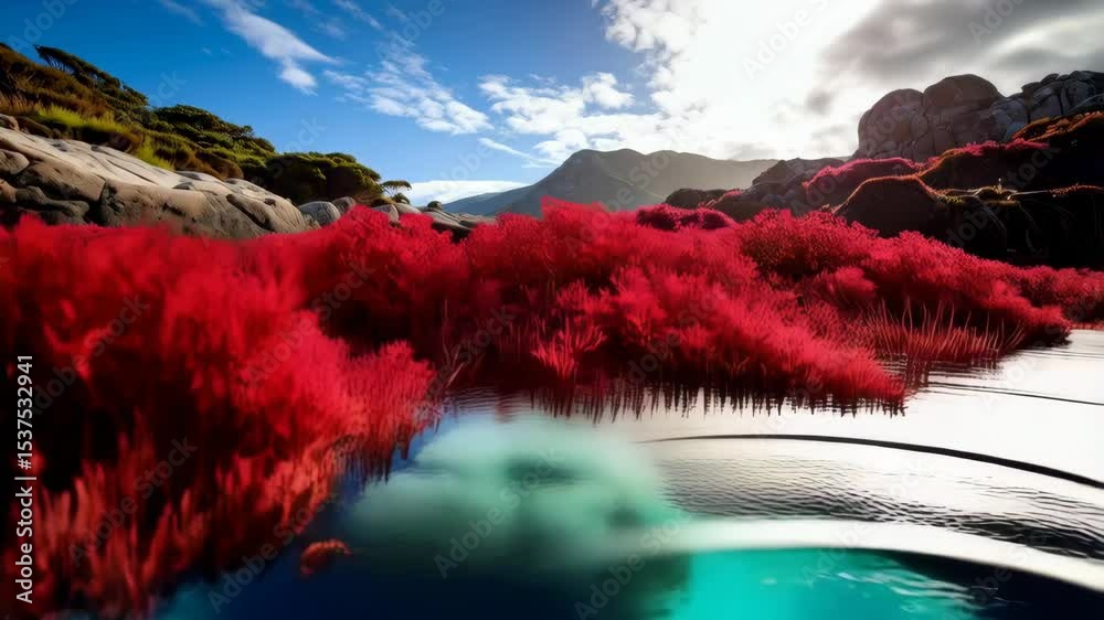 Scenic mountain landscape with vivid red ground cover, reflecting pool, and a rocky hillside under bright sunlight and partly cloudy sky.