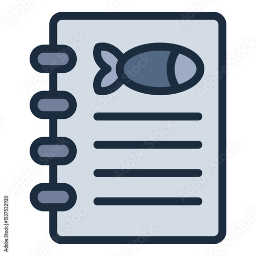 Seafood menu filled line icon showing list layout with fish for restaurant context