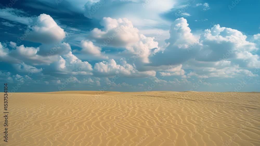 Stunning view of rolling sand dunes under a vivid blue sky with fluffy clouds in a serene desert landscape captured at midday