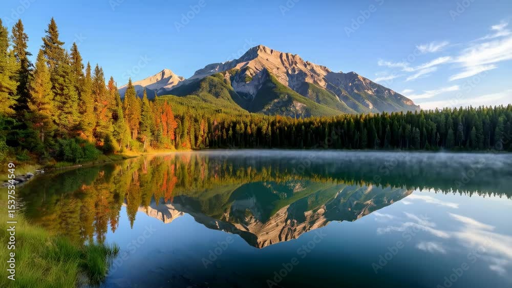 Tranquil mountain peak mirroring perfectly in the still lake, surrounded by a forest with autumn colors and clear blue sky