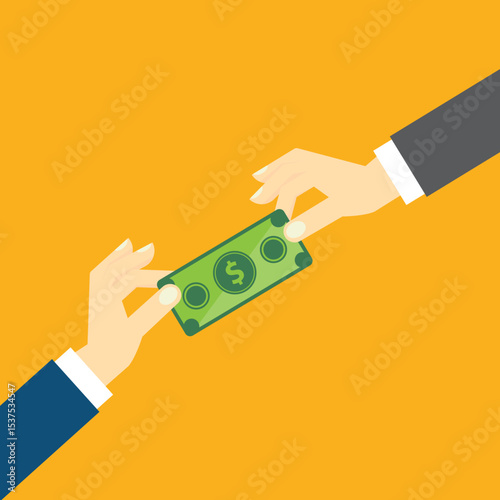 Hand Giving Money, Other Hand Takes The Money. Payment In Cash. Salary, Investment, Bribe And Donation Concepts