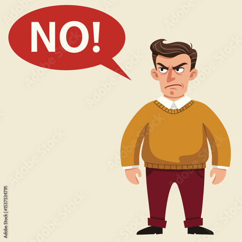 Angry man expressing refusal with no speech bubble illustration in casual clothing vector design 