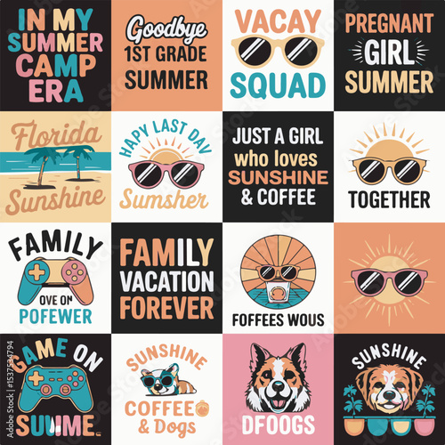 Summer Vacation Sunshine Coffee Dogs Family Quotes Graphics
