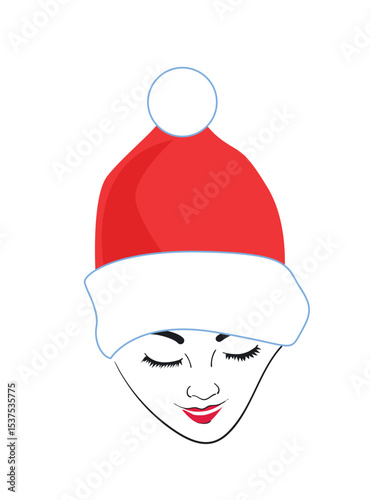 Minimalist female face wearing a red Christmas hat with white fur trim and pom-pom. Eyes closed, gentle smile. Black and white vector illustration with a touch of red.
