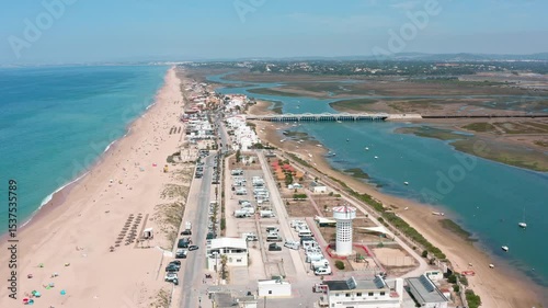 Aerial view of faro beach, with its characteristic white sand and crystal clear turquoise waters, alongside the ria formosa natural park, a protected lagoon area rich in biodiversity