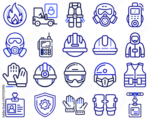 Vector collection of safety equipment icons with gear and tools