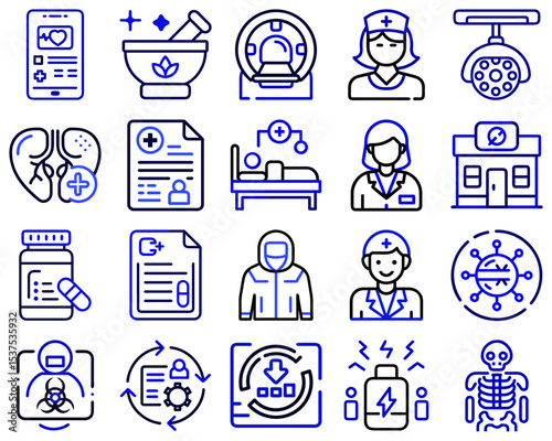 Medicine and Healthcare vector icon set featuring medical symbols and professionals