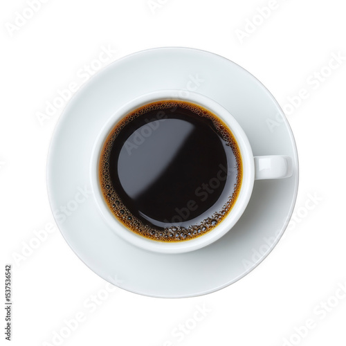 Steaming cup of black coffee sits in white ceramic cup on matching saucer, viewed from above. rich, dark liquid contrasts with bright white of cup, creating simple yet inviting scene
